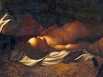 Ausschnitt aus dem Bild 'Geburt Christi mit den Heiligen Laurentius und Franziskus' von Caravaggio.