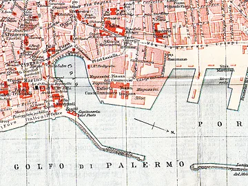 Ausschnitt aus einer historischen Karte, der die Innenstadt und den Hafen von Palermo zeigt