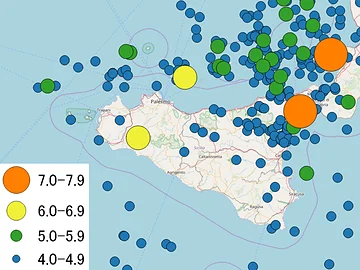 Bildschirmfoto der Karte des Erdbebenrisikos auf Sizilien.