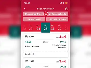 Screenshot der App der italienischen Bahn mit Fahrplanauskunft und Buchungsoptionen.