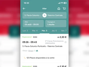 Capture d'écran de l'application des chemins de fer italiens, avec les horaires et les options de réservation.