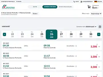 Screenshot der Fahrplanauskunft und Buchungsseite der italienischen Bahn Trenitalia.