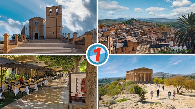 Diese Foto-Montage zeigt die Kathedrale von Agrigento, einen Panoramablick über die Dächer der Altstadt, die Viale della Vittoria und den Concordia-Tempel.