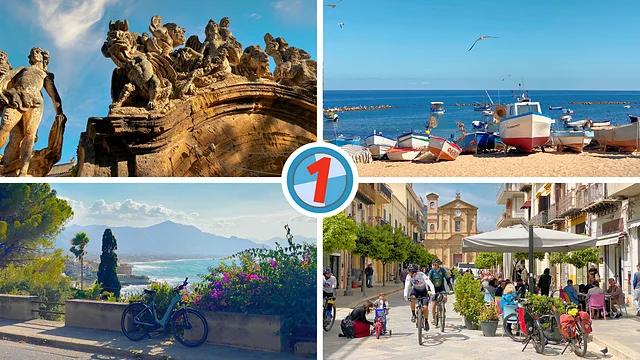 Ce montage photo montre des monstres sur une arcade de la Villa Palagonia, la plage du village d'Aspra avec ses bateaux de pêche colorés, un vélo avec vue sur la mer dans le quartier résidentiel de Mongerbino et la zone piétonne par une journée ensoleillée d'hiver.