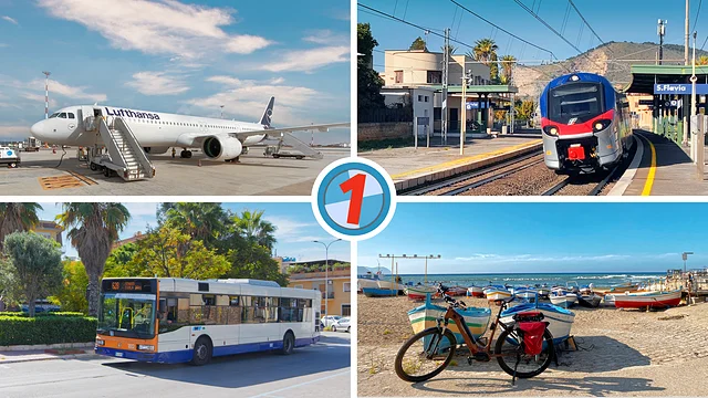 Fotomontage eines Flugzeugs auf dem Flughafen Palermo, eines Zuges im Bahnhof von Santa Flavia, eines Linienbusses in Palermo und eines Fahrrads vor Fischerbooten in Aspra.