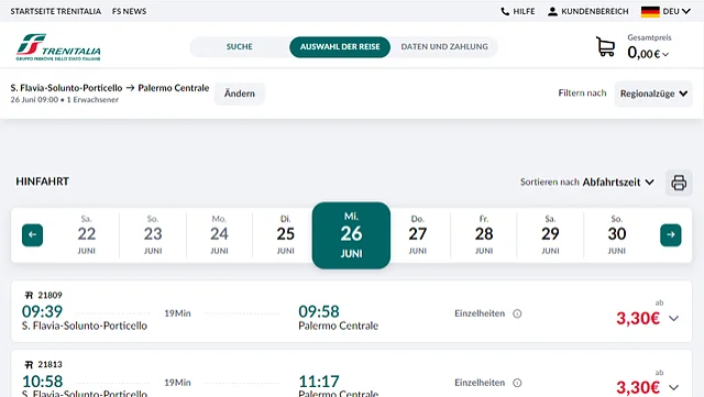 Sizilien mit dem Zug - Trenitalia Fahrplan